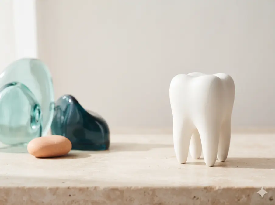 A sculptural tooth model with teal glass forms, illustrating modern dental care