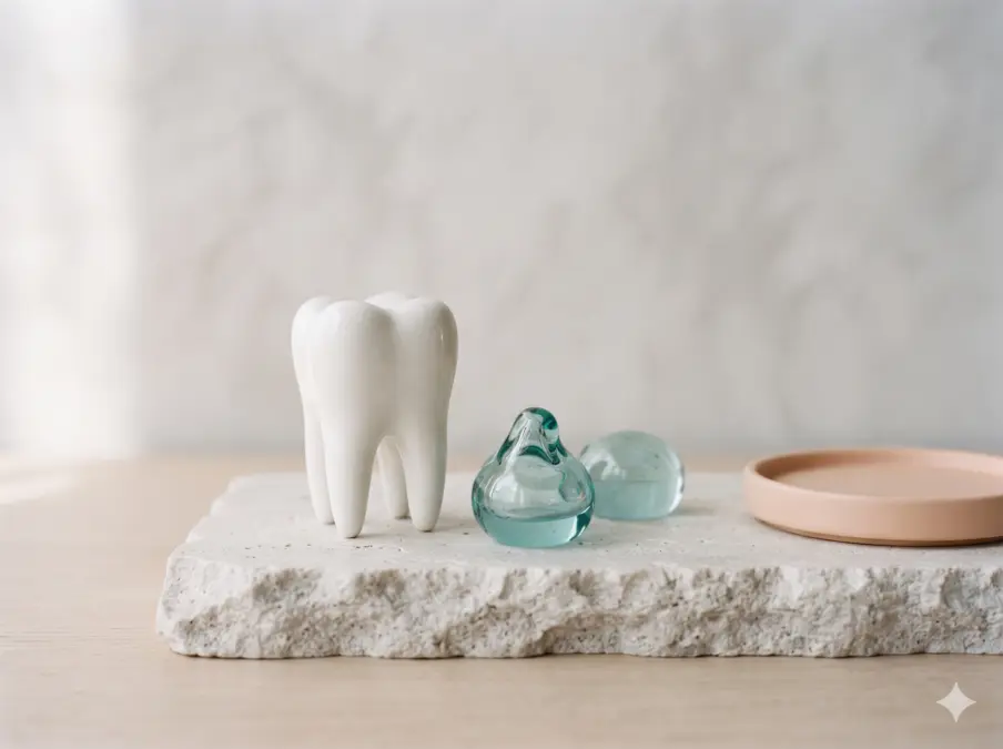 White ceramic tooth model with teal glass forms on a pale surface; illustrative dental still life, not clinic photography