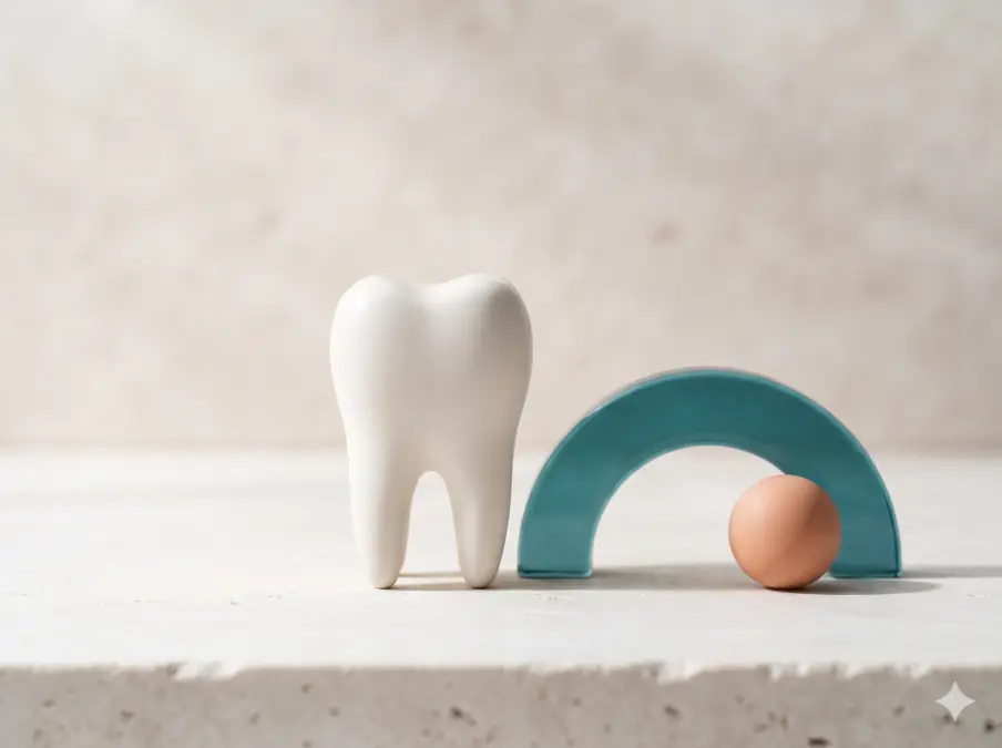 Abstract still life with a ceramic tooth form and translucent teal and peach glass