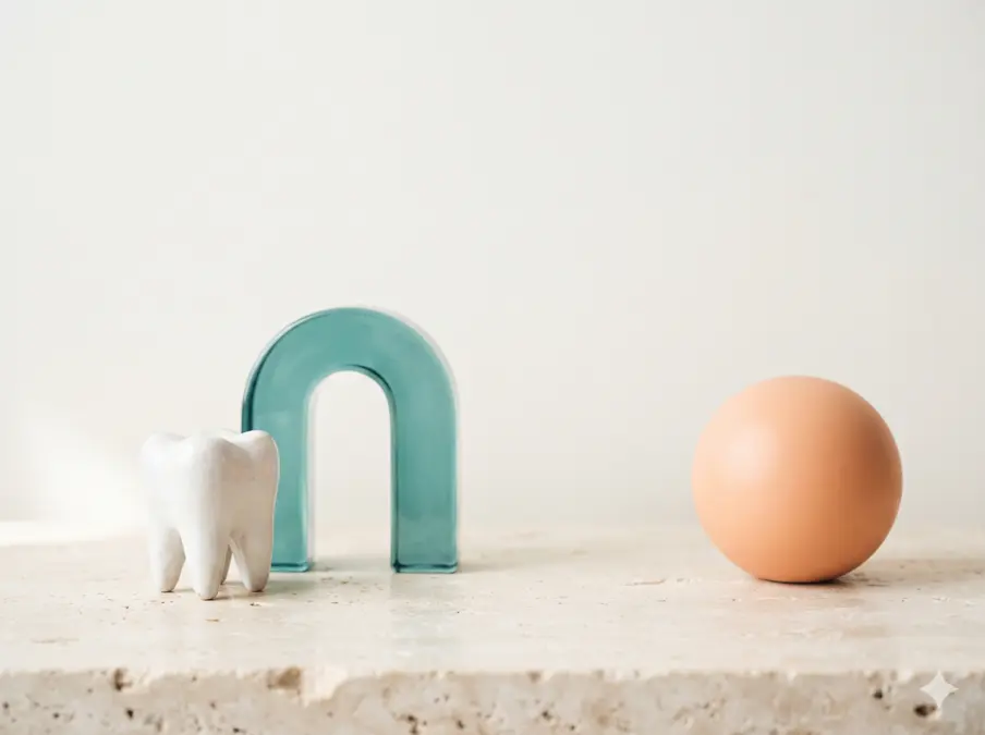 Ceramic tooth form with teal glass arch and peach sphere on pale stone; illustrative still life, not clinic photography