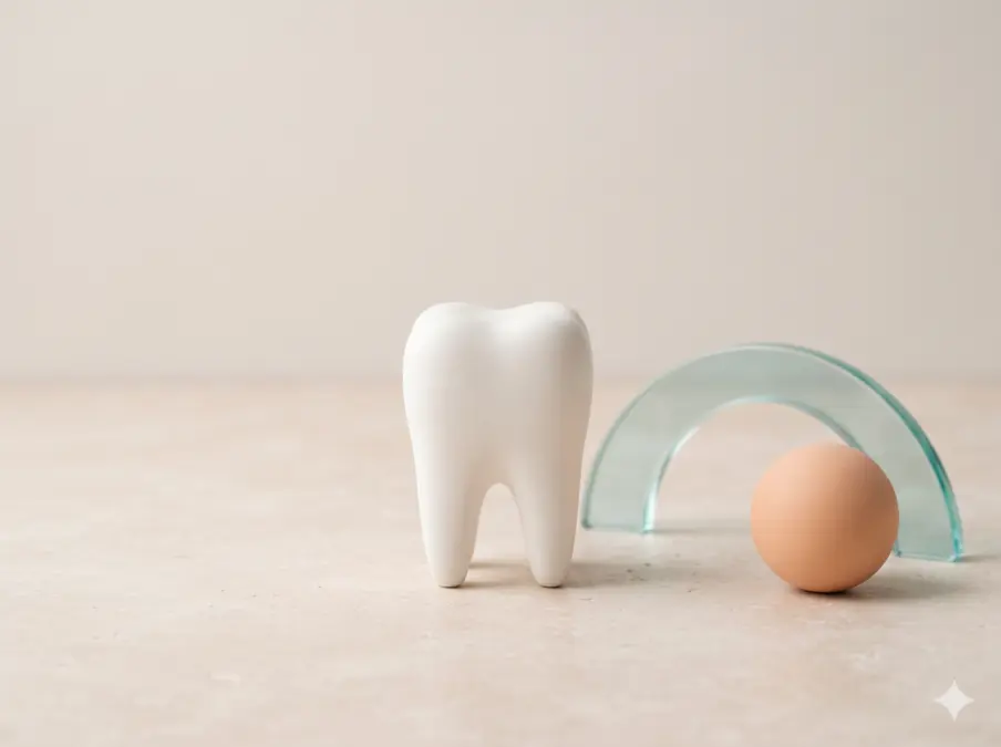 Ceramic tooth form with translucent teal glass curve and peach sphere; illustrative still life, not clinic photography