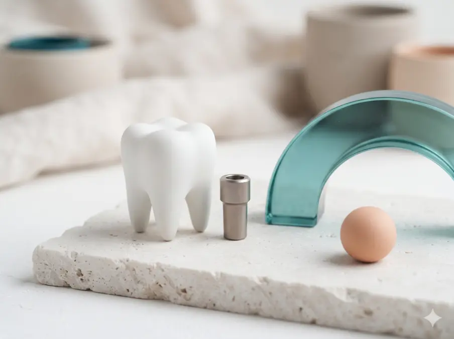 Illustrative still life of a ceramic tooth, abstract cylinder and teal glass arc; not an actual procedure or treatment result