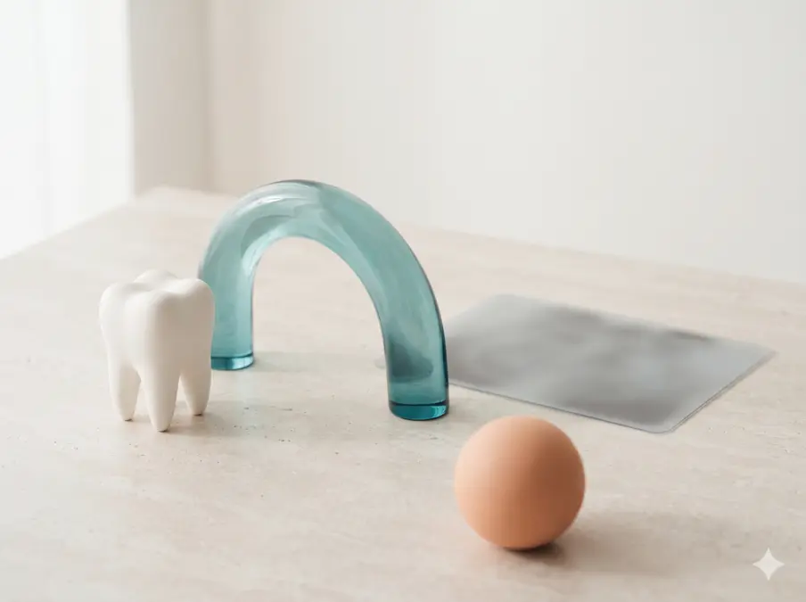 Illustrative still life with ceramic tooth, teal glass arc and abstract panel; not clinic or patient photography